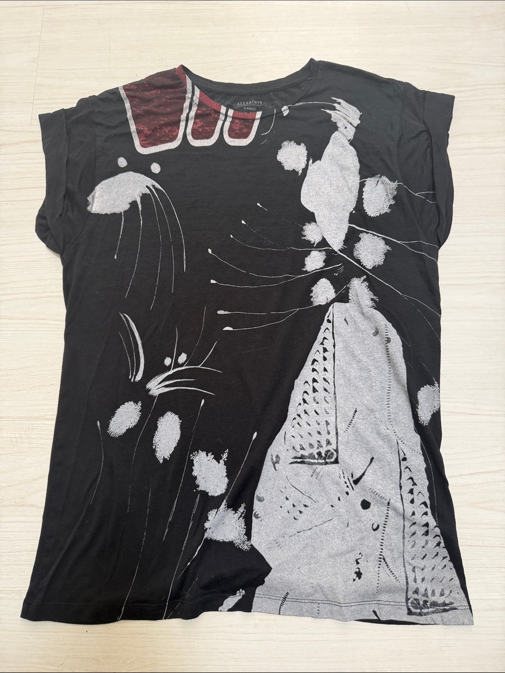 AllSaints Black Graphic Short Sleeve Tee with Gray and Red Accents